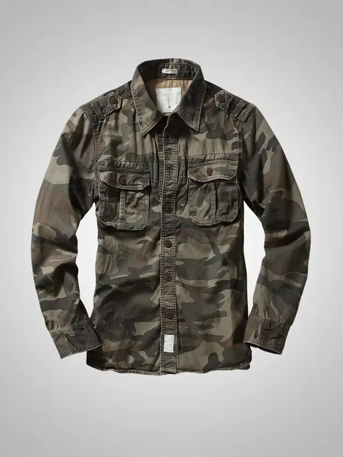 American Heavy Retro Men's Long Sleeved Camouflage Shirt Outdoor Cargo Casual Multi Pocket Work