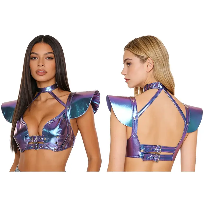 Haut court gothique métallisé brillant pour femme, à découpes, holographique, col licou plongeant, a