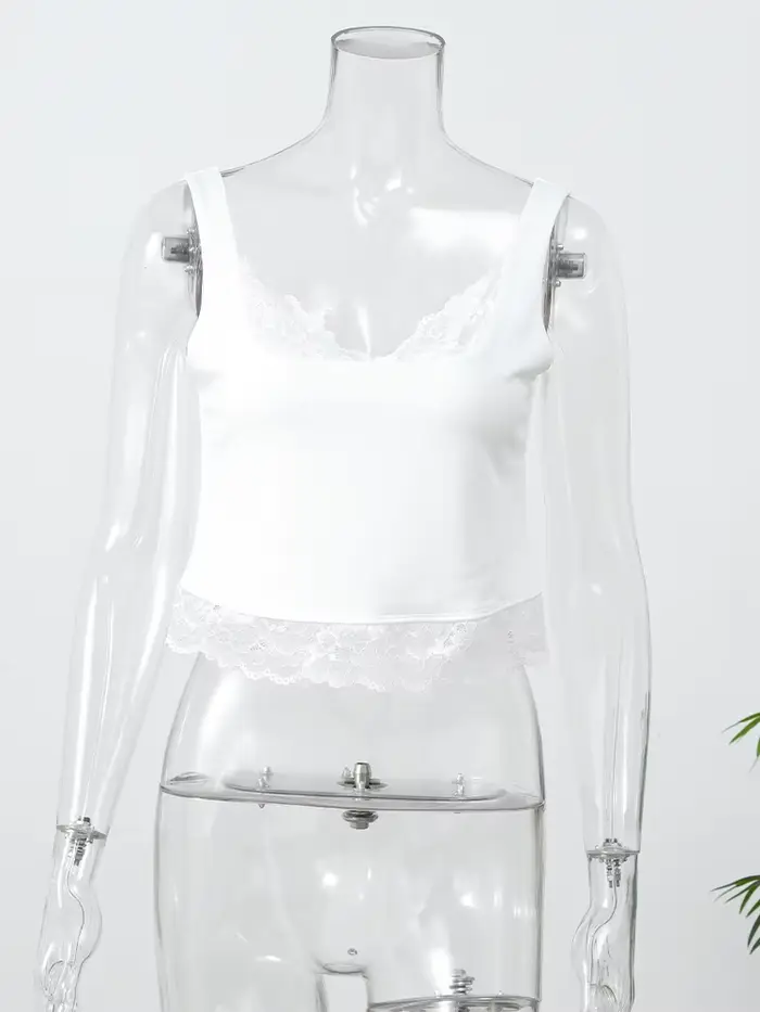 Débardeur court noir uni en dentelle pour femme, col en V, dos nu, style streetwear, patchwork spagh