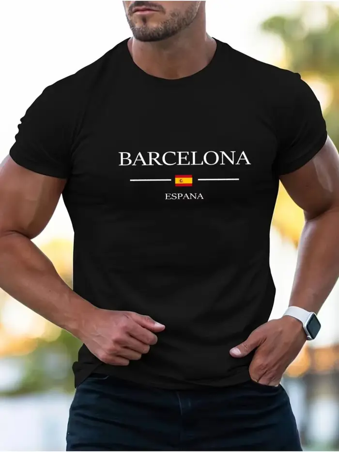 T-shirt imprimé Lettre Barcelone 100% Coton Coupe décontractée d'été Col rond Manches courtes pour Hommes Femmes Enfants