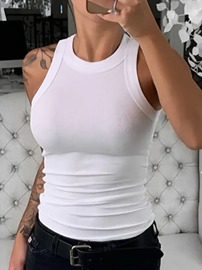 Femmes solide col rond côtelé débardeur Camisole