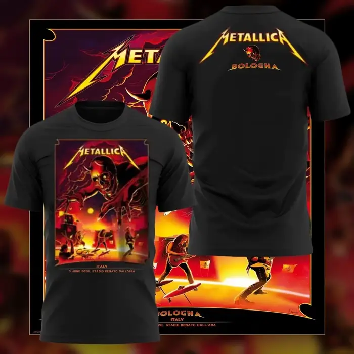 T-shirt de la tournée de la groupe rock Metallica en Italie, BOLOGNA, pour hommes et femmes, vêtemen