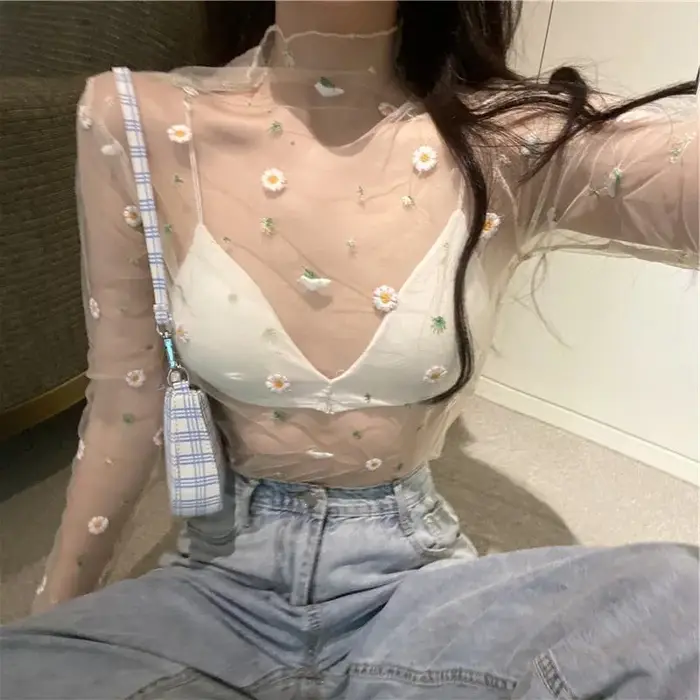 T-shirt manches longues femme, court et transparent, en maille, avec motif floral