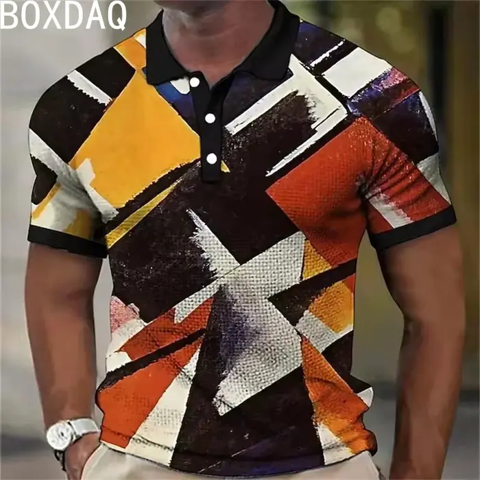 Polo de sport à manches courtes pour hommes, impression de motifs géométriques colorés en 3D, grande