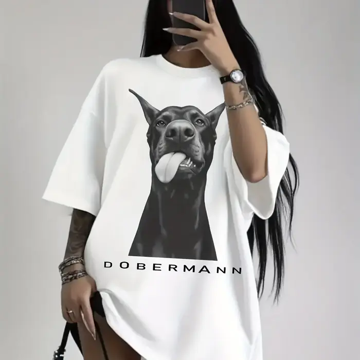 T-shirt graphique pour femme grande taille avec motif de chien Dobermann - Haut décontracté à manches courtes et col