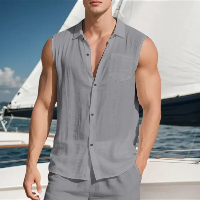 Chemise de plage décontractée sans manches en lin à col pour homme