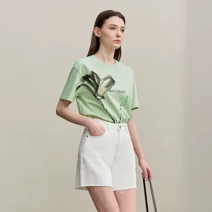 T-shirt femme Amii 2026 – Nouvelle collection été – Coton rafraîchissant – Col rond – Imprimé encre – Coupe ample – Manches courtes – Hauts 12622149