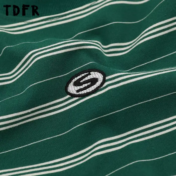 Rayé à manches longues T-shirt hommes broderie automne rétro décontracté col rond en coton