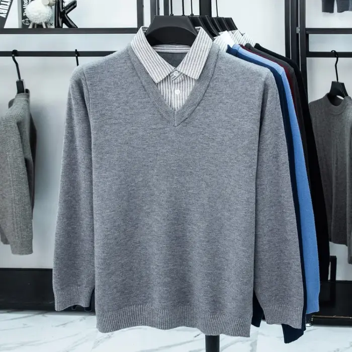  Pull en tricot à col de chemise pour hommes - Bleu clair (6 couleurs) Faux design à deux couches Style décontracté