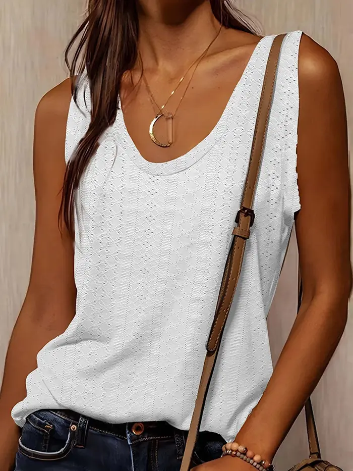 Débardeur pour femmes Printemps Été Blanc Col en V Sans manches Texture perforée Décontracté Frais Élégant Quotidien Décontracté