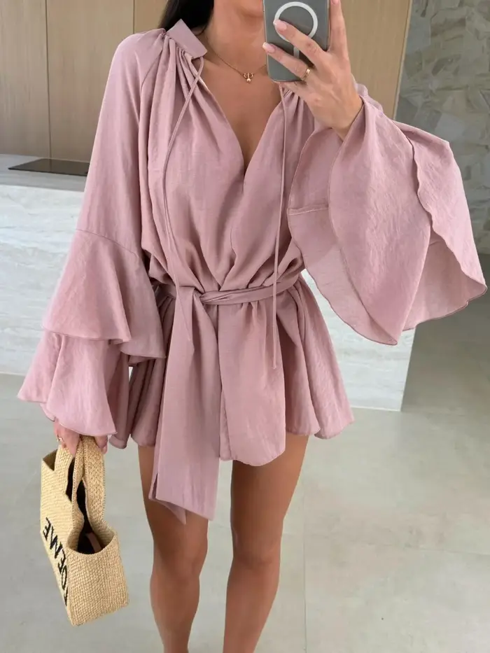 Nouvelle Collection 2026 : Robe Mini Ample et Élégante pour Femme, Col en V Profond, Manches Longues, Couleur Unie, Effet Plissé