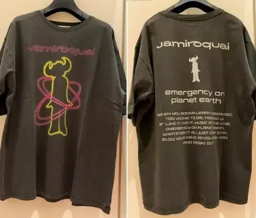 Jamiroquai Band graphique charbon de bois noir à manches courtes unisexe T-shirt Harajuku rétro hip-hop été coton préféré