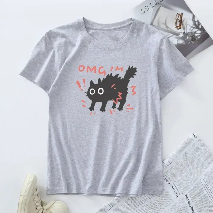T-shirt imprimé chat effrayé pour femme