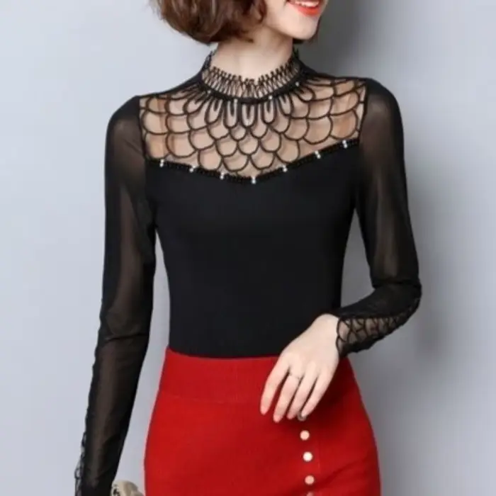 Chemise à manches longues pour femmes, chemisier tendance, chemisier à découpes en dentelle, haut élégant, patchwork fin