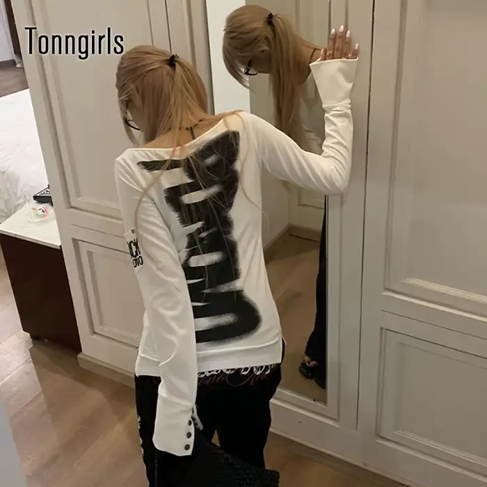 Tonngirls américain rétro imprimé T-shirt femmes à manches longues bouton graphique hauts Y2k hauts
