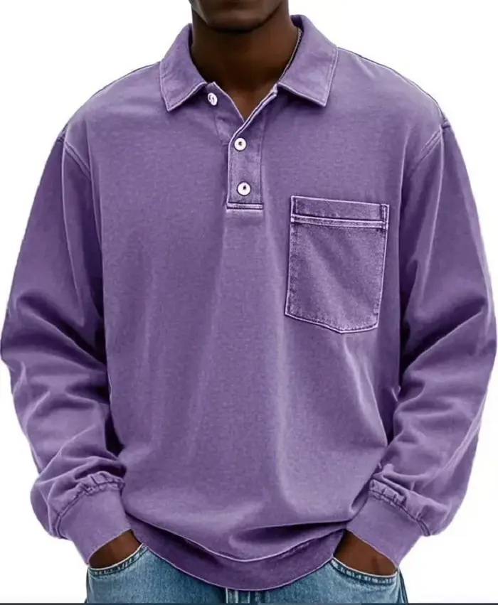 Polo à manches longues gris foncé style rétro américain