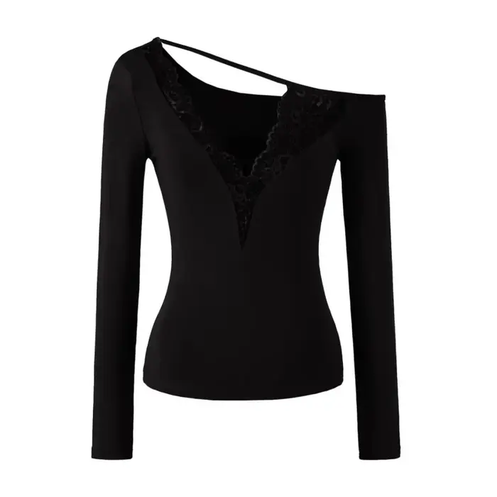 T-shirt à manches longues pour femmes, avec garniture en dentelle, col en V