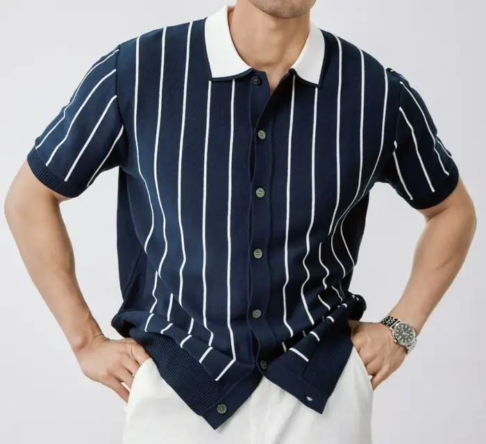 Polo rayé décontracté pour homme – Haut fin tricoté à col revers et manches courtes pour l'été
