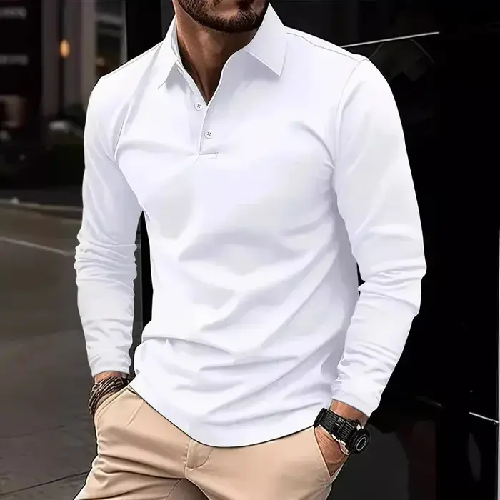 Classique hommes simple couleur unie revers polos printemps automne affaires loisirs voyage en plein air amis fête à manches longues hauts
