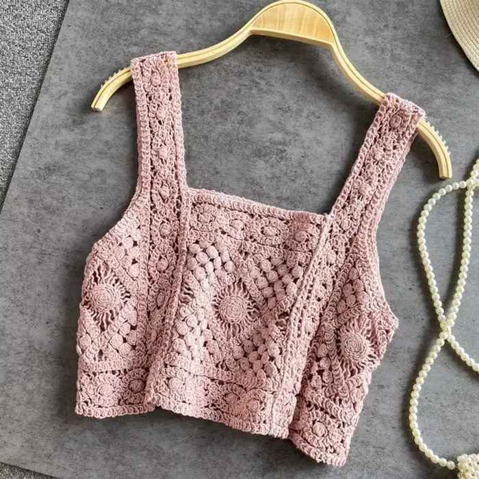 Femmes Crochet Sans Manches Récolte pour Débardeur Rétro Tricot Plaid Col Carré Pull 6XDA