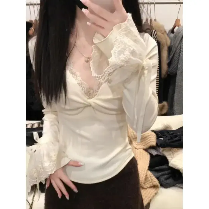 T-shirt à manches longues et col en v en dentelle pour femme, haut ajusté avec couche de Base, autom