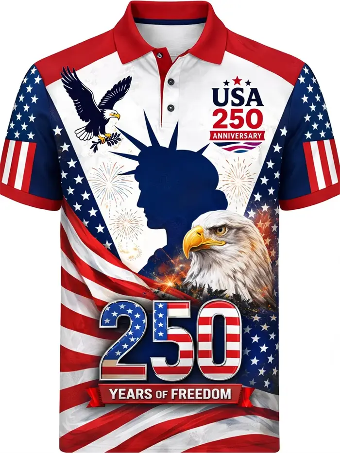 Patriotic USA 250 Memorial Polo Shirt Men Eagle Liberty Statue 3D Print Short Sleeve Breathable Streetwear For Summer Daily Wear