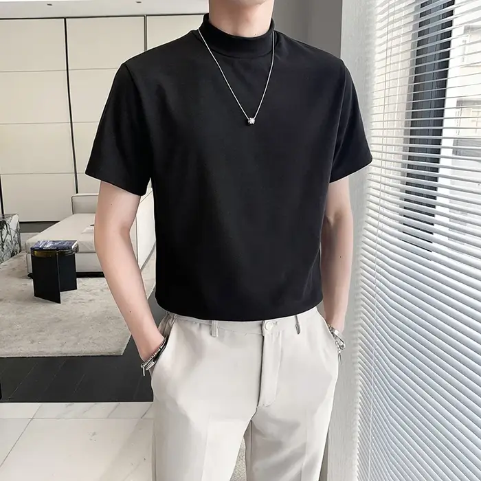 T-shirt à col roulé monochrome pour hommes, coupe couvertes, décontracté, manches courtes, col haut, vêtements confortables, 7 couleurs, tout match