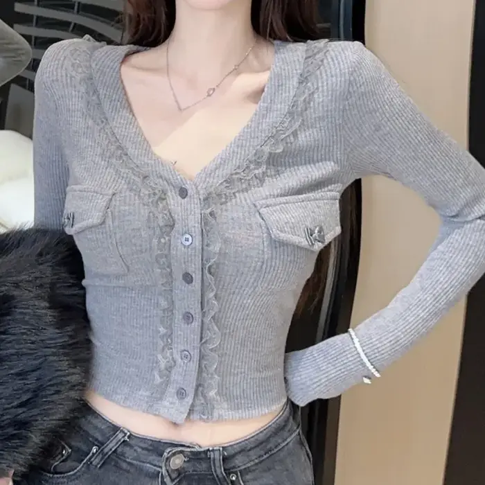 Dentelle Patchwork t-shirt pour femme volants col en V Vintage Sexy Ropa De Mujer mode coréenne basi