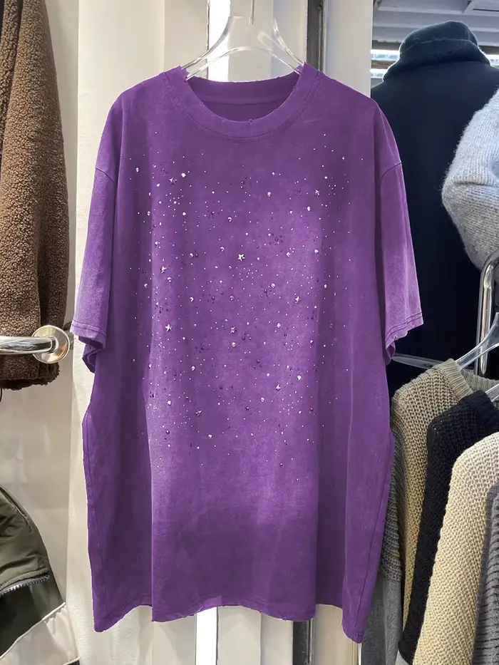 Rétro lavé strass T-shirt été femmes col rond manches courtes surdimensionné t-shirts femme mode hauts amples