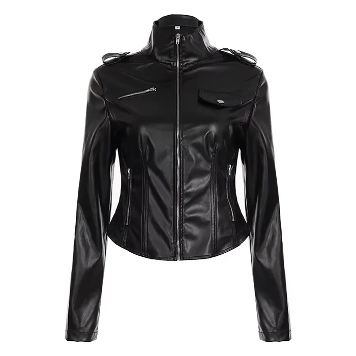 Veste en cuir Pu noir fermeture éclair col montant coupe ajustée Moto Biker