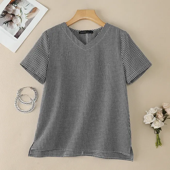 Chemisier à carreaux à manches courtes pour femme ZANZEA, col en V, décontracté, ample, pour les vac