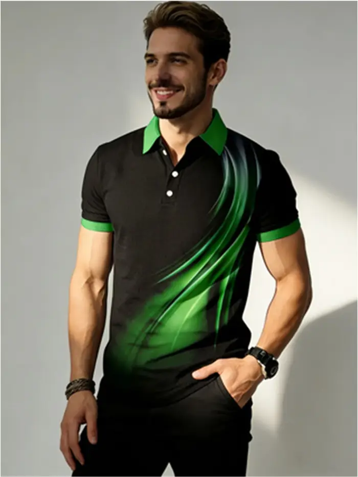 Polo à manches courtes contrastant avec imprimé abstrait, col vert, pour homme, idéal pour le golf et les sports d'été