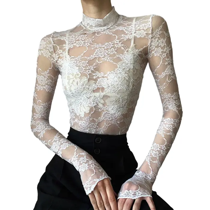 T-shirt à manches longues en dentelle florale pour femmes, col montant, Slim, Sexy, rétro, transpare