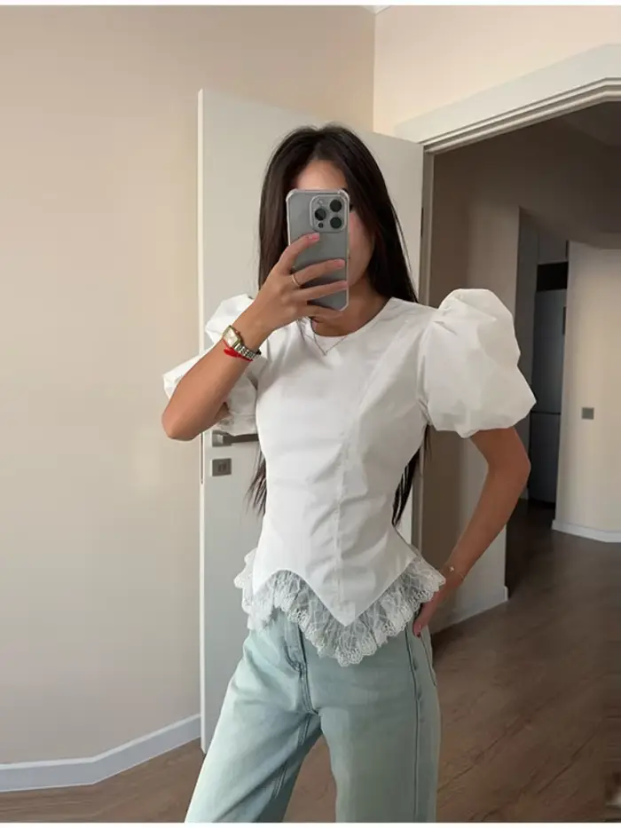 Chemisier Polo Femme à Manches Courtes Bouffantes