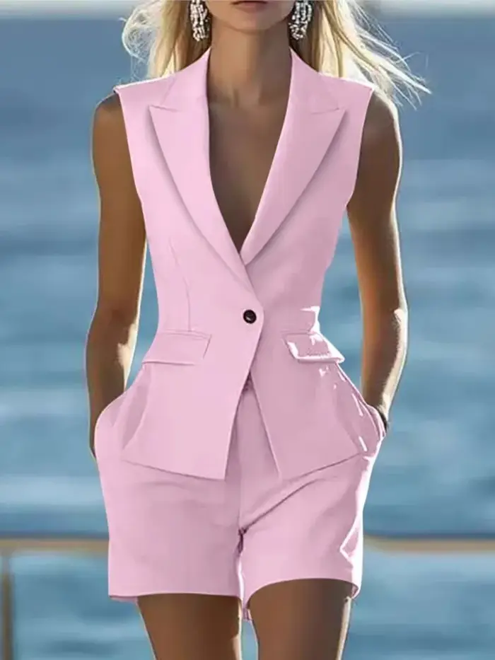 Femmes élégantes solide sans manches costume gilet deux pièces ensembles été décontracté revers bouton haut et short