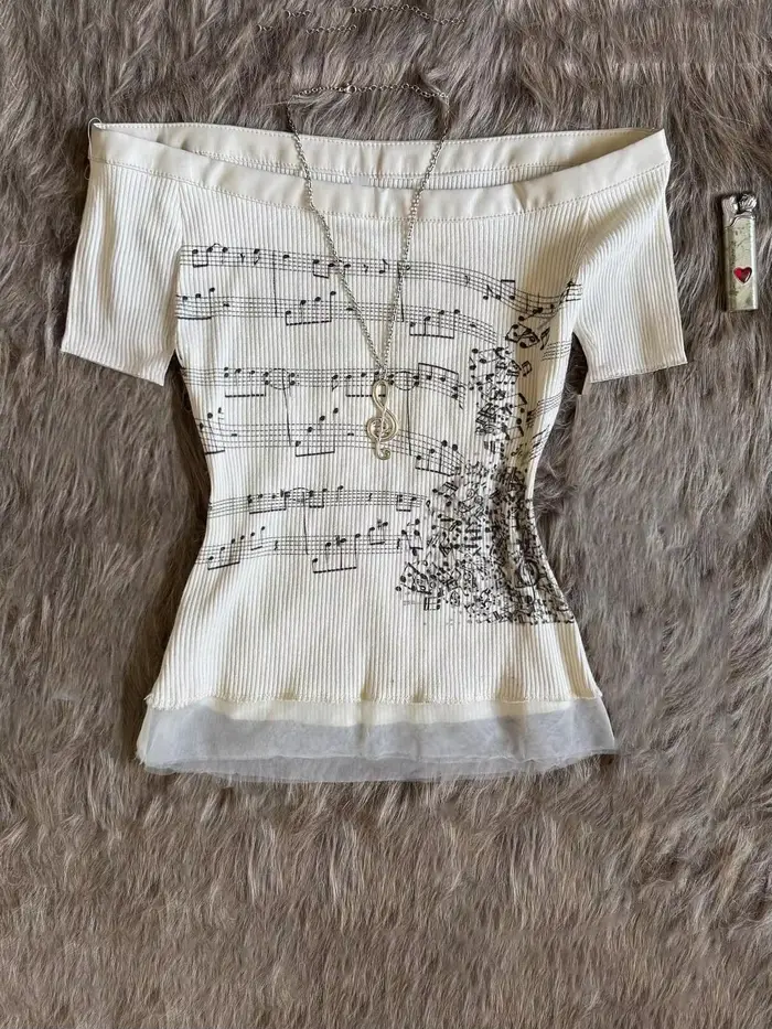 Coréen 2000s Punk Goth filles graphique hauts épaules nues Sexy dentelle coton t-shirts mignon motif de musique Y2K
