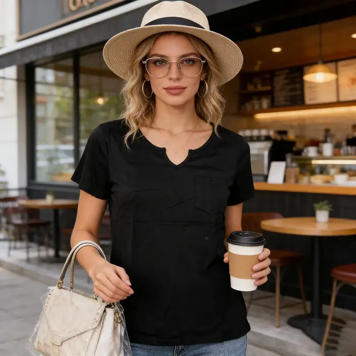 T-shirt blanc à col en V pour femme avec poche poitrine – Coupe décontractée