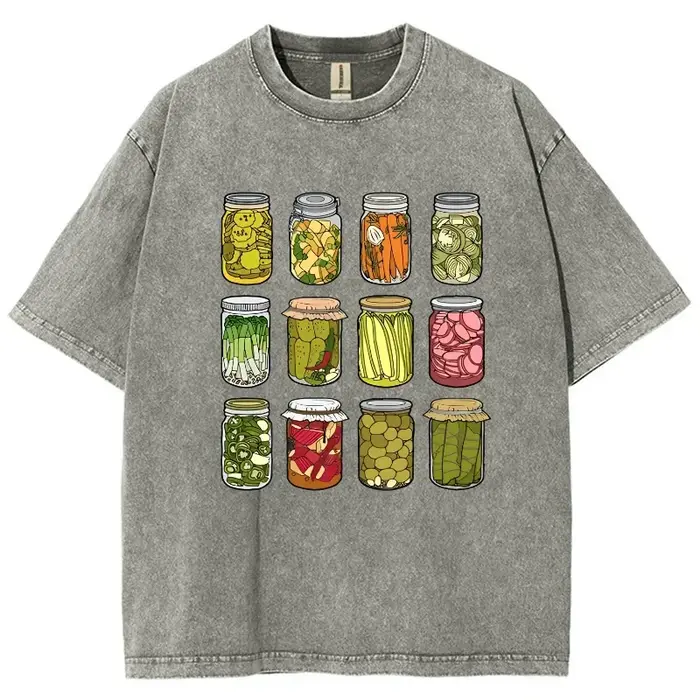 Dessin animé Kimchi imprimé T-shirt rétro lavé coton col rond manches courtes décontracté Design de mode unisexe haut basique