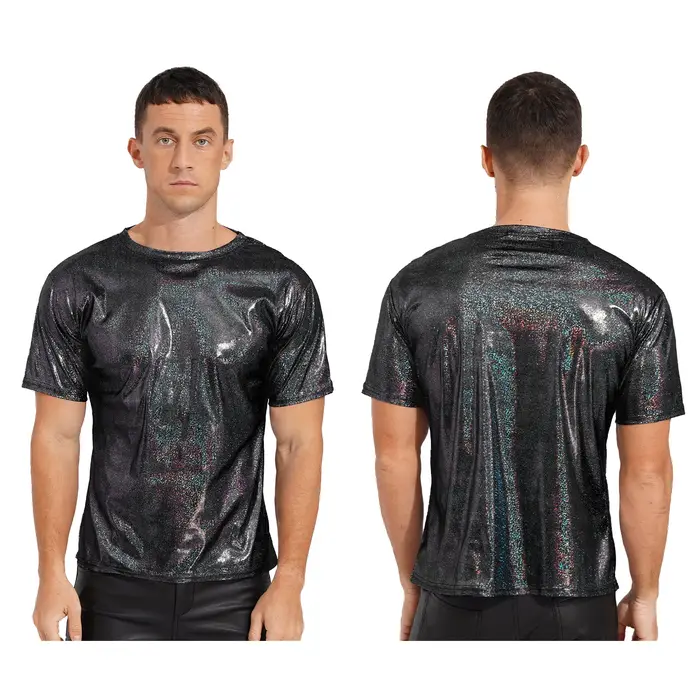 T-shirt métallique brillant pour hommes, vêtements masculins, col rond, couleur unie brillante, manc