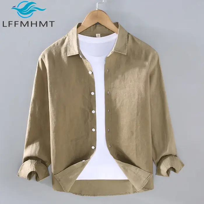 100% lin chemise à manches longues pour hommes printemps automne mode bonne qualité couleur unie mince respirant sain revers Blouse hauts mâle