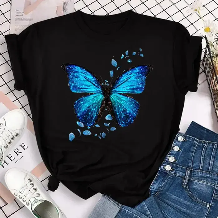 T-Shirt imprimé de pétales de papillon colorés pour femmes