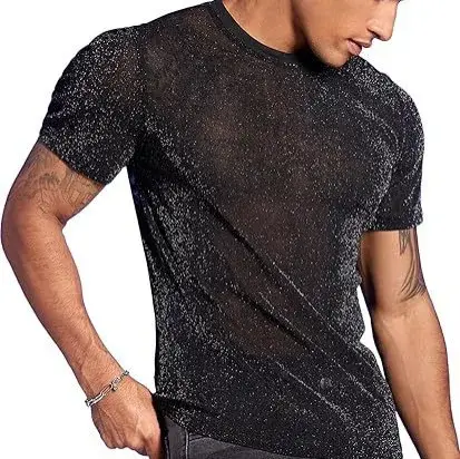 Hommes mode paillettes voir à travers T-Shirts été à manches courtes col rond décontracté hauts mâle
