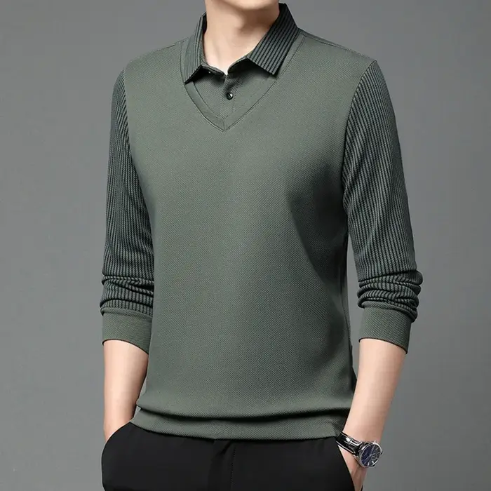 Polo à manches longues pour homme, effet deux pièces, extensible, sans repassage, col à revers, poly