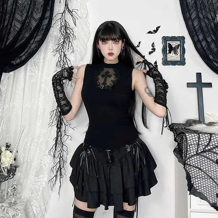 Goth foncé été réservoirs haut solide basique Techwear hauts femmes centre commercial gothique maille Patchwork croix gilet sans manches T-shirt Alt vêtements