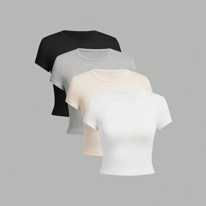 4 pièces couleur unie basique à manches courtes T-shirt ajusté pour les femmes décontracté été minimaliste