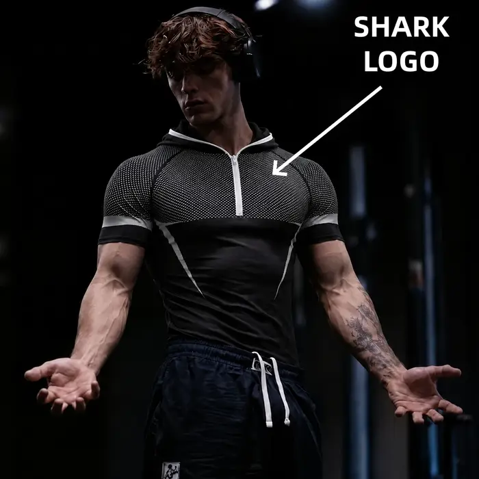 T-shirt à capuche GYM ONYX V5, combinaison de fitness avec logo en silicone SHARK, haut d'entraînement pour sports de plein air, haut à capuche à manches courtes pour la course à pied et le fitness