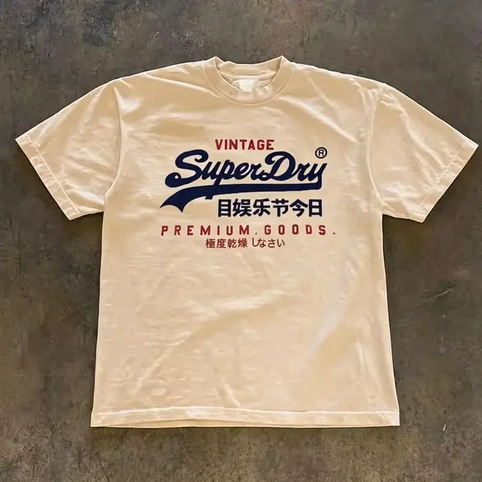 T-shirt graphique rétro SuperDry style japonais pour homme 100 % coton coupe oversize streetwear blanc Nouveauté 2026