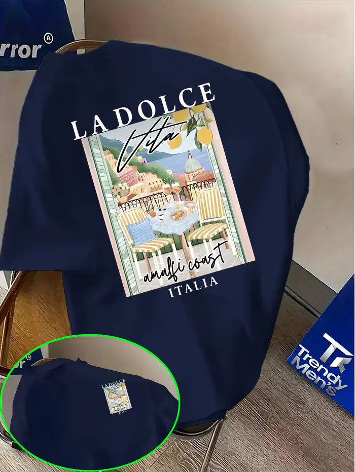 T-shirt pour homme en coton 100% avec imprimé La Dolce Vita Amalfi Coast pour l'été
