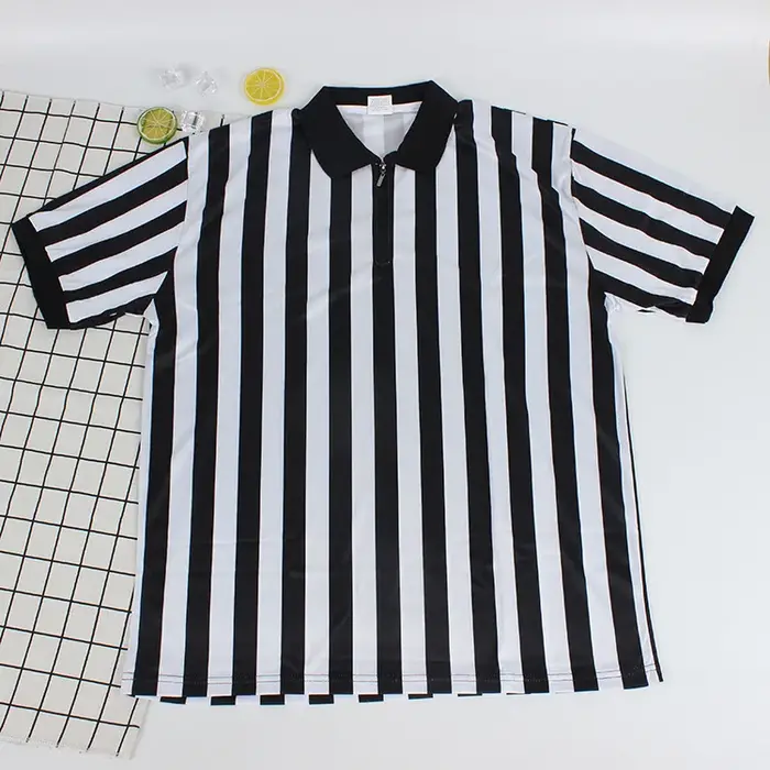 Nouveau T-shirt d'arbitre à col à revers côtelé rayé noir et blanc pour hommes et femmes, robe à man