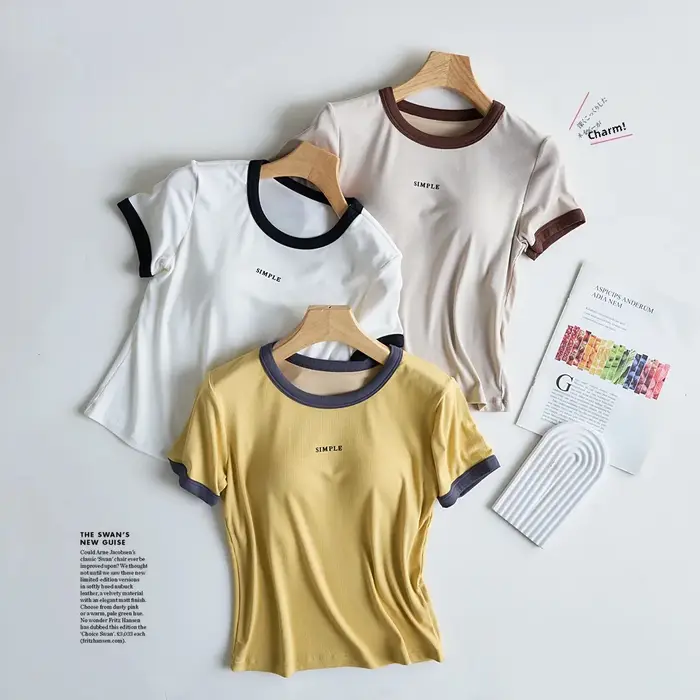 No-Pad intégré décontracté à manches courtes col rond T-Shirt femmes été sans soutien-gorge porter des vêtements